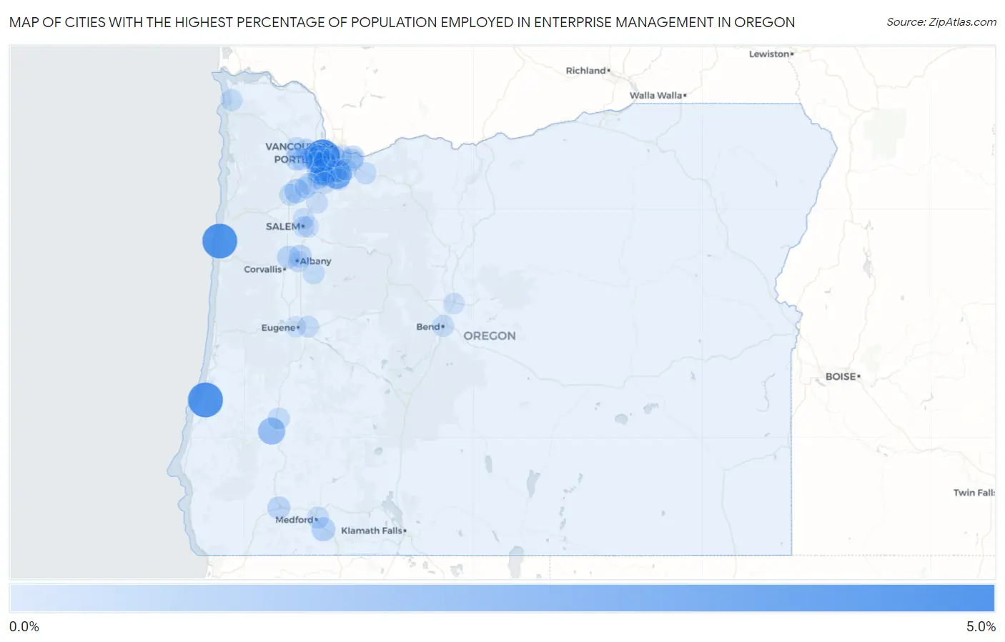 Cities with the Highest Percentage of Population Employed in Enterprise Management in Oregon Map