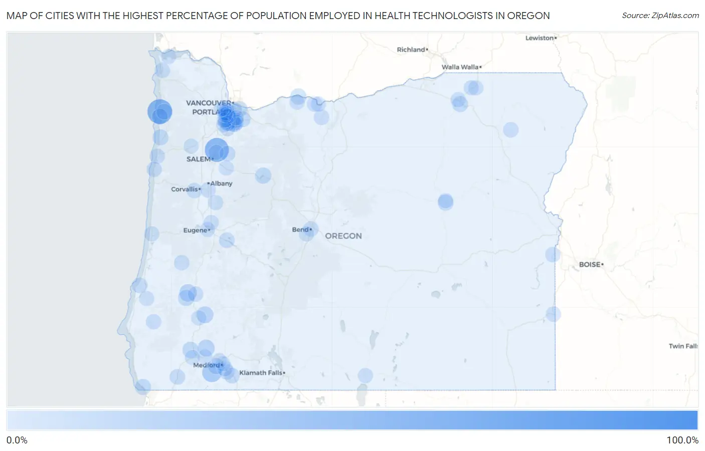 Cities with the Highest Percentage of Population Employed in Health Technologists in Oregon Map