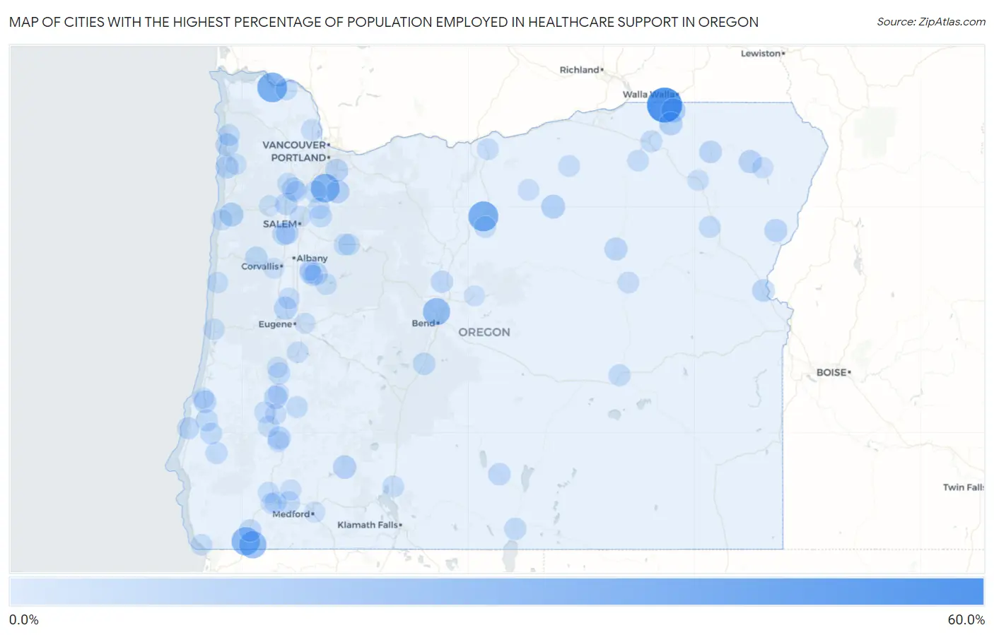 Cities with the Highest Percentage of Population Employed in Healthcare Support in Oregon Map
