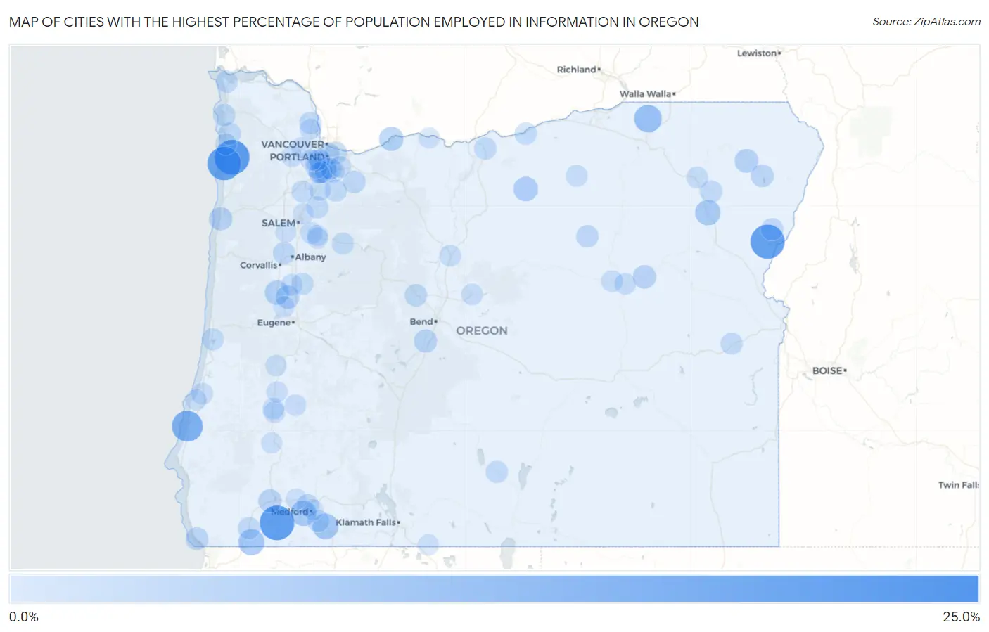Cities with the Highest Percentage of Population Employed in Information in Oregon Map