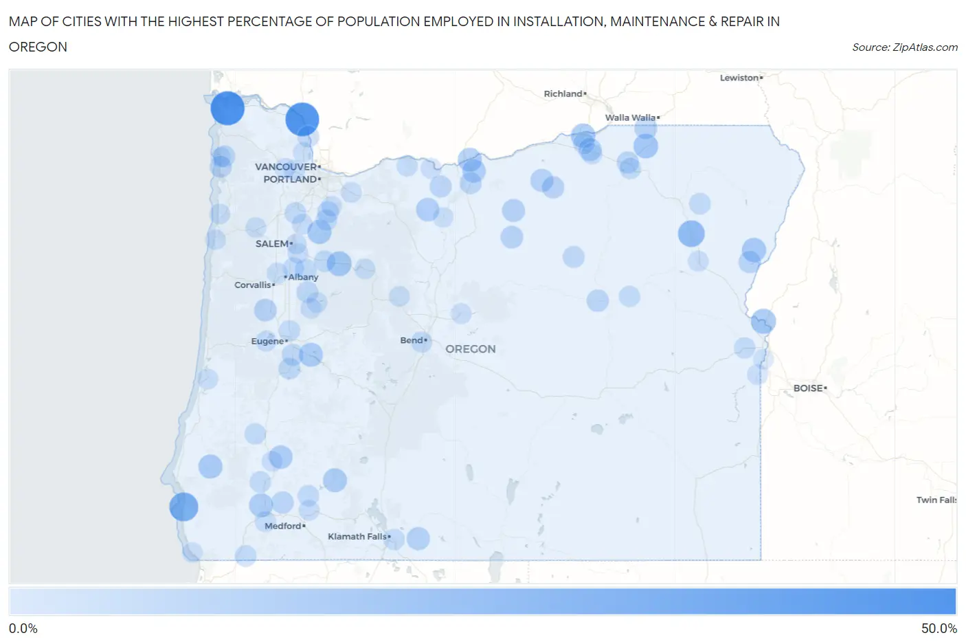 Cities with the Highest Percentage of Population Employed in Installation, Maintenance & Repair in Oregon Map