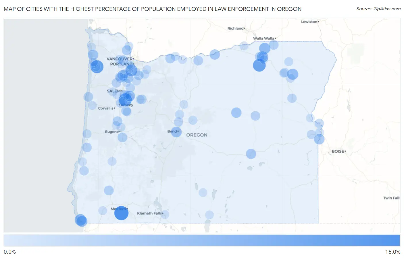 Cities with the Highest Percentage of Population Employed in Law Enforcement in Oregon Map