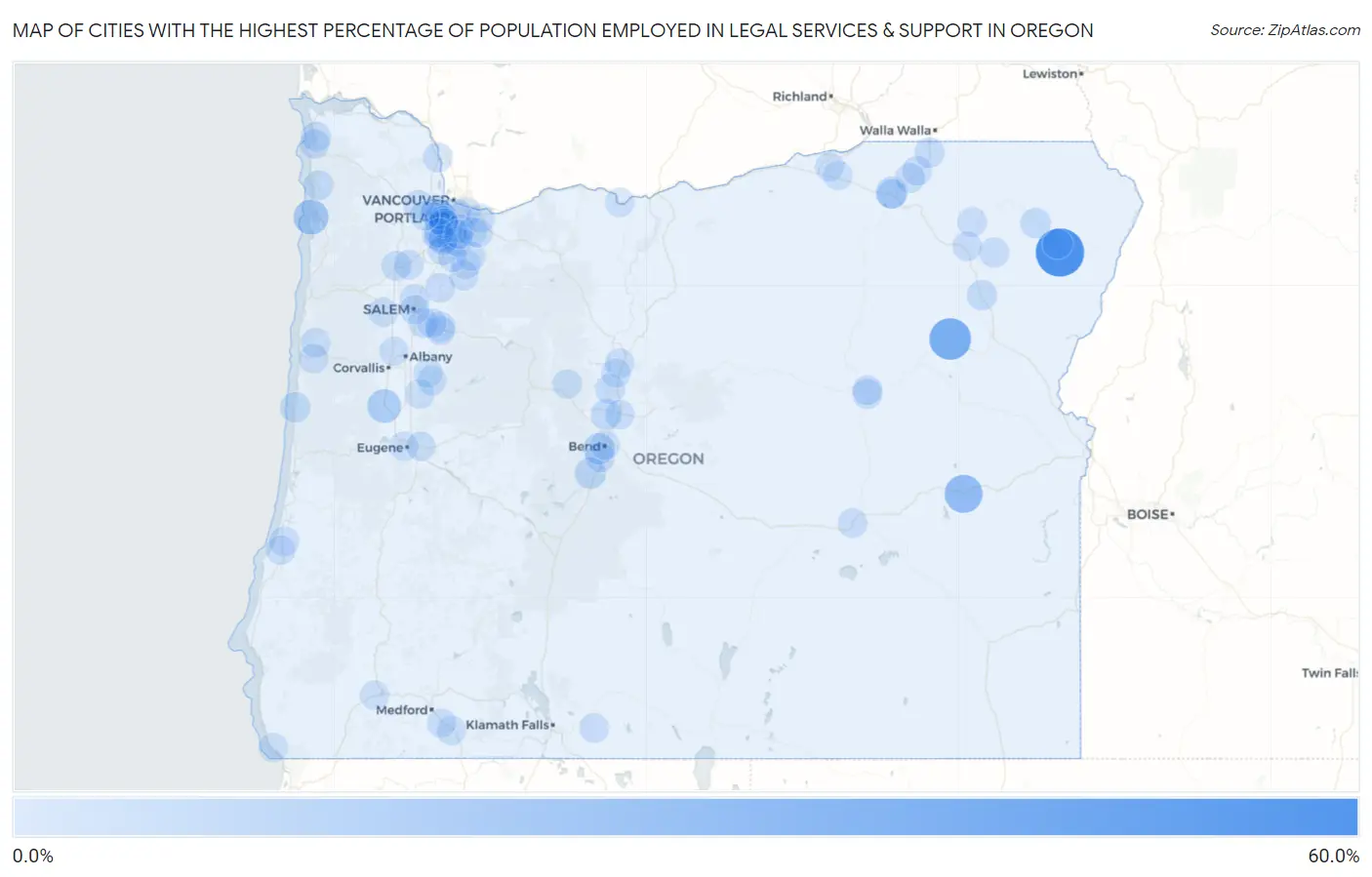 Cities with the Highest Percentage of Population Employed in Legal Services & Support in Oregon Map