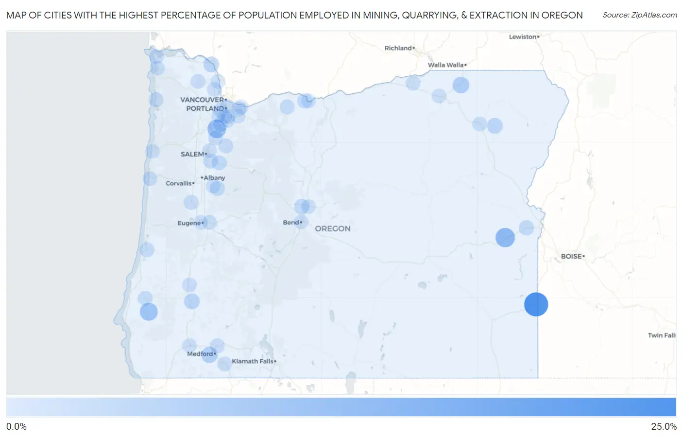 Cities with the Highest Percentage of Population Employed in Mining, Quarrying, & Extraction in Oregon Map