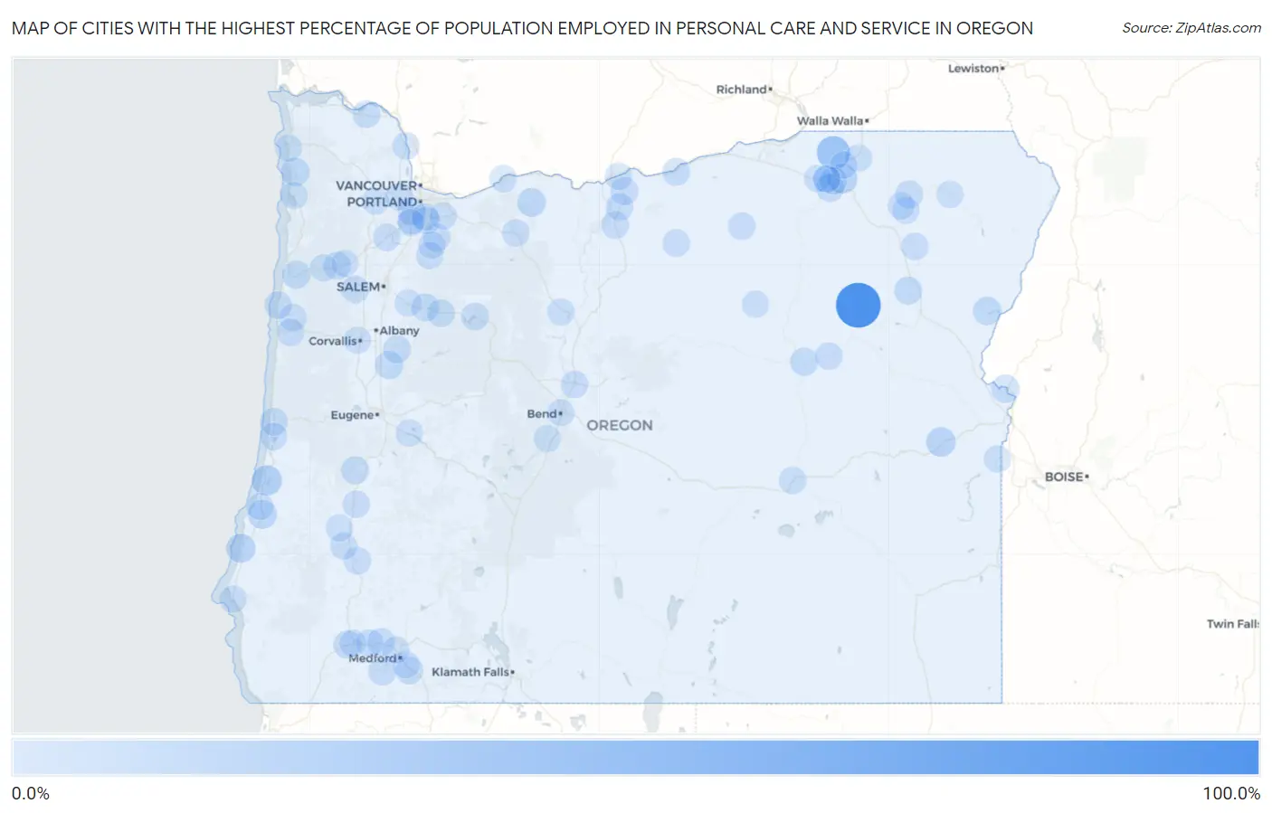 Cities with the Highest Percentage of Population Employed in Personal Care and Service in Oregon Map