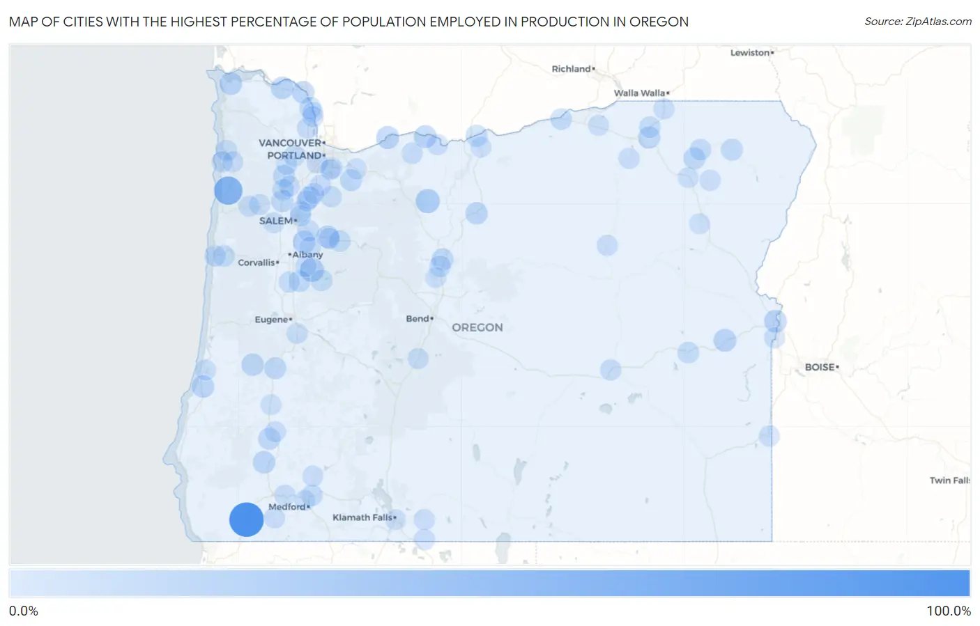 Cities with the Highest Percentage of Population Employed in Production in Oregon Map