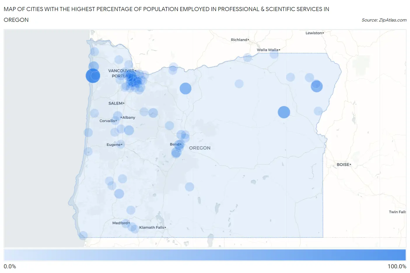 Cities with the Highest Percentage of Population Employed in Professional & Scientific Services in Oregon Map