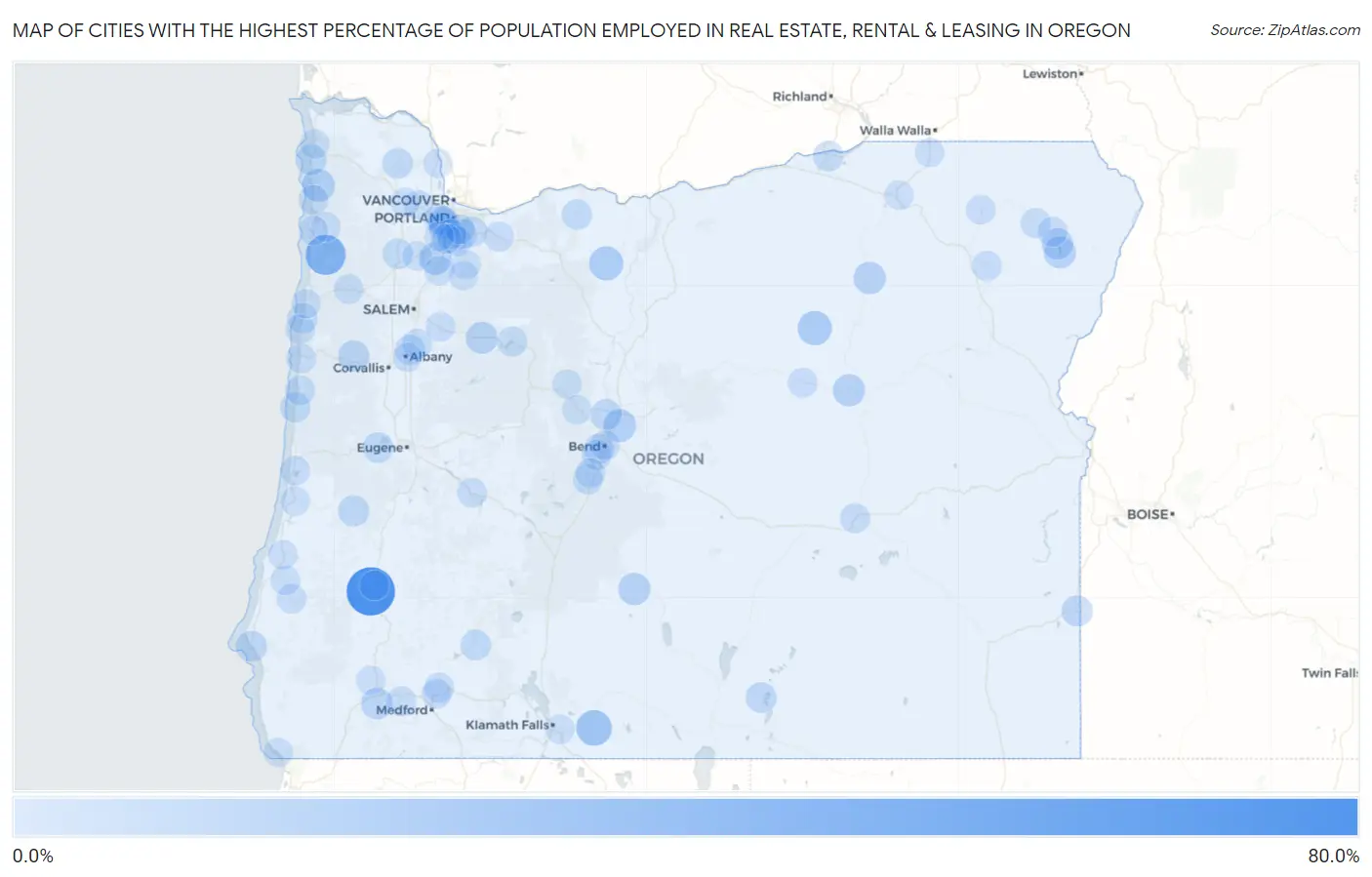 Cities with the Highest Percentage of Population Employed in Real Estate, Rental & Leasing in Oregon Map
