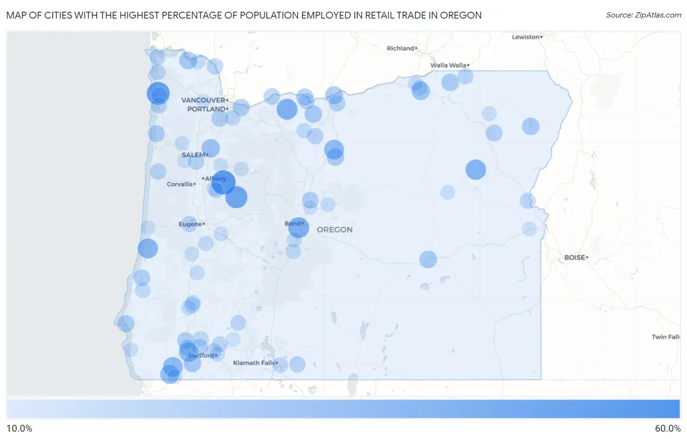 Cities with the Highest Percentage of Population Employed in Retail Trade in Oregon Map