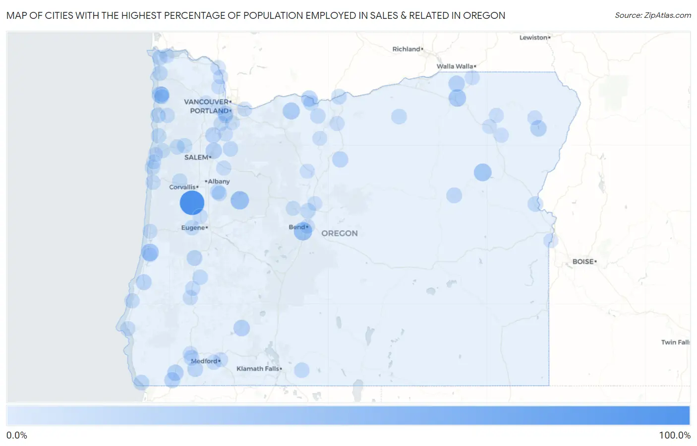 Cities with the Highest Percentage of Population Employed in Sales & Related in Oregon Map