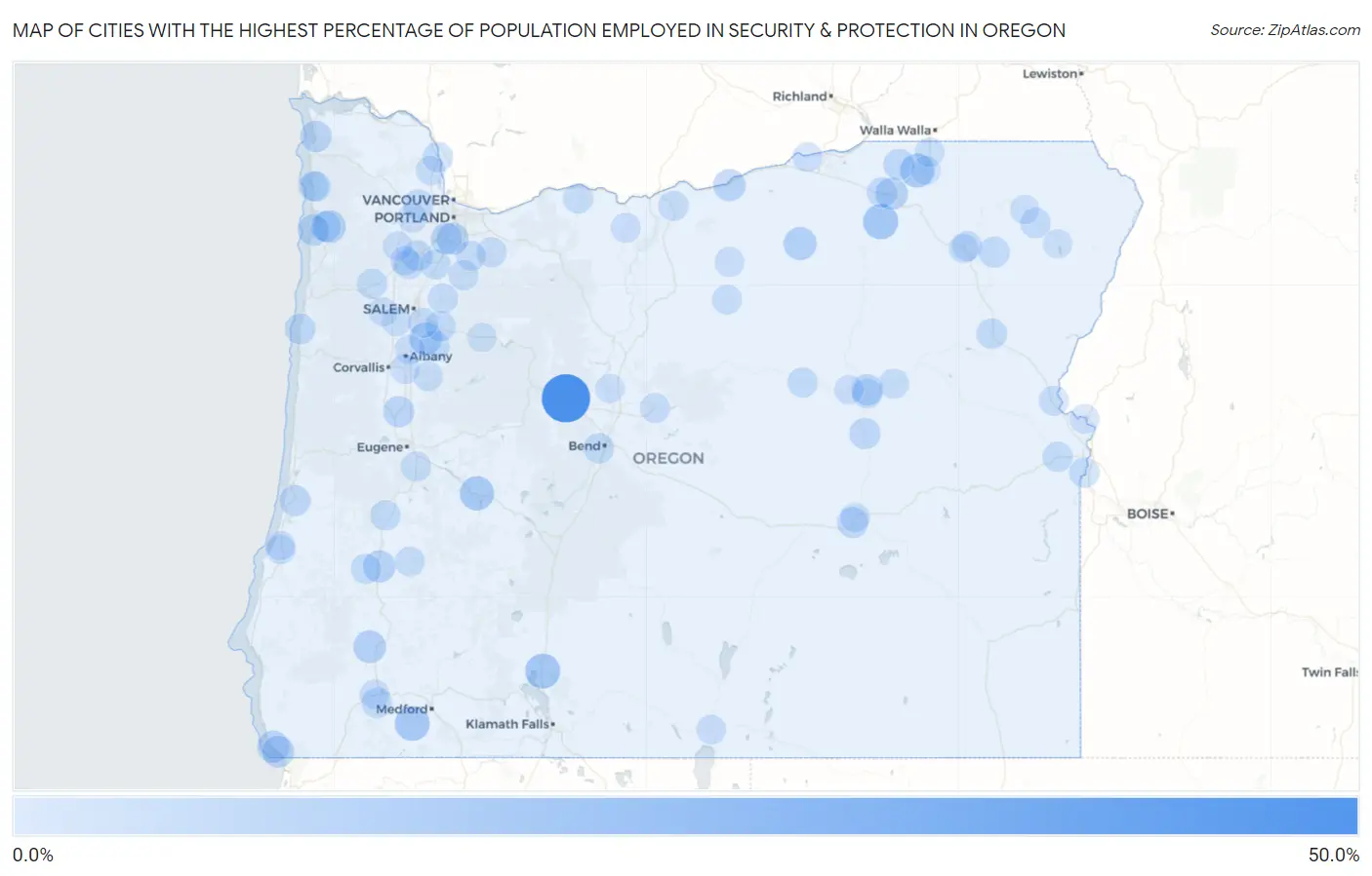 Cities with the Highest Percentage of Population Employed in Security & Protection in Oregon Map