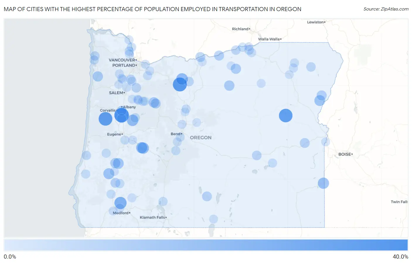 Cities with the Highest Percentage of Population Employed in Transportation in Oregon Map