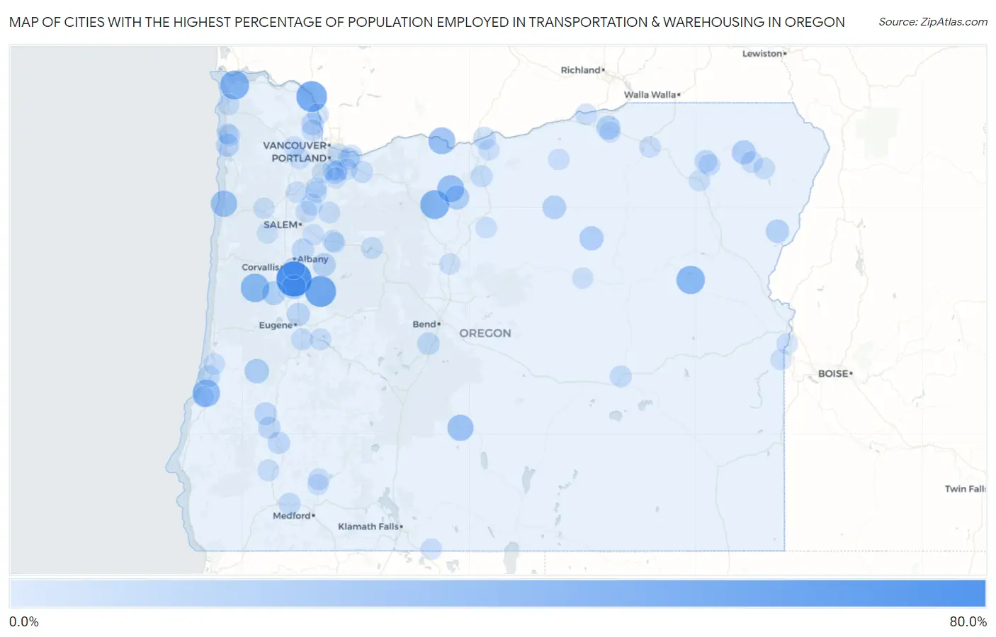 Cities with the Highest Percentage of Population Employed in Transportation & Warehousing in Oregon Map