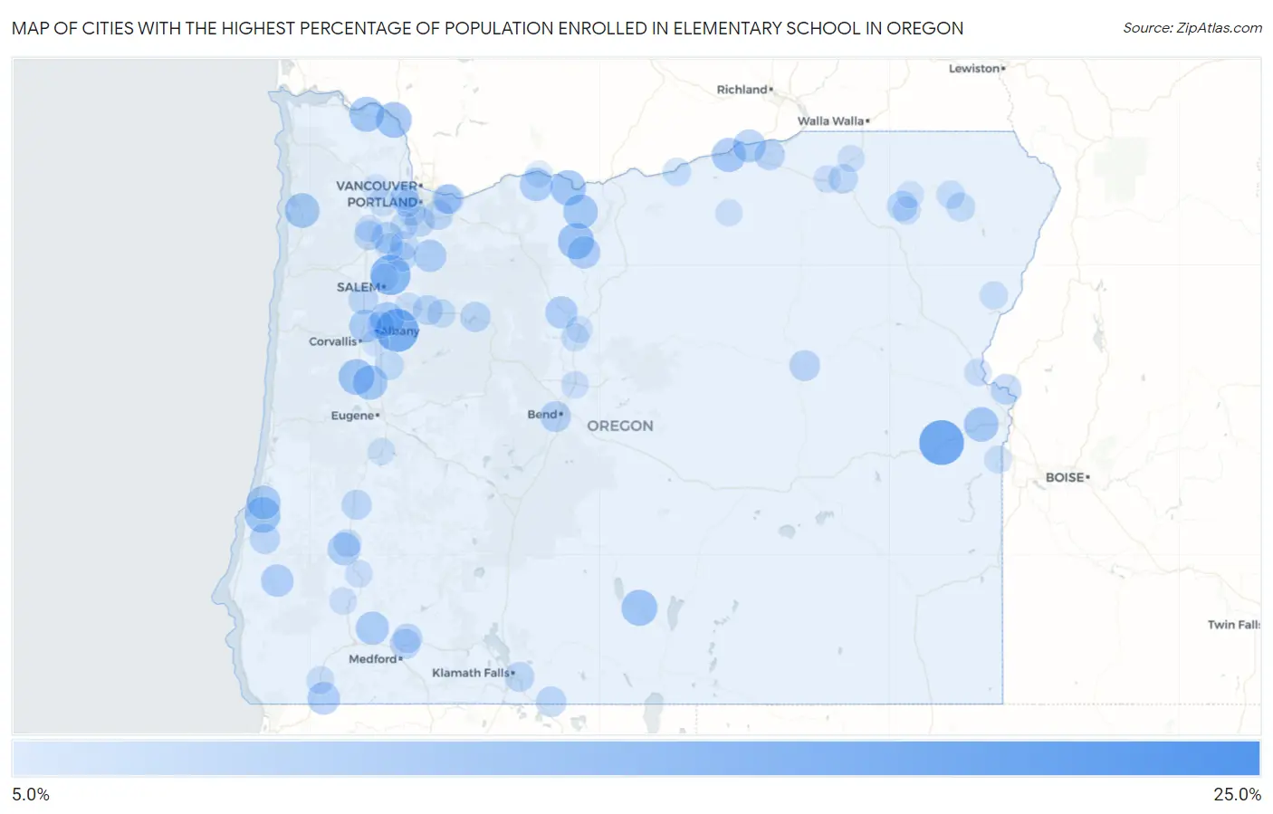 Cities with the Highest Percentage of Population Enrolled in Elementary School in Oregon Map