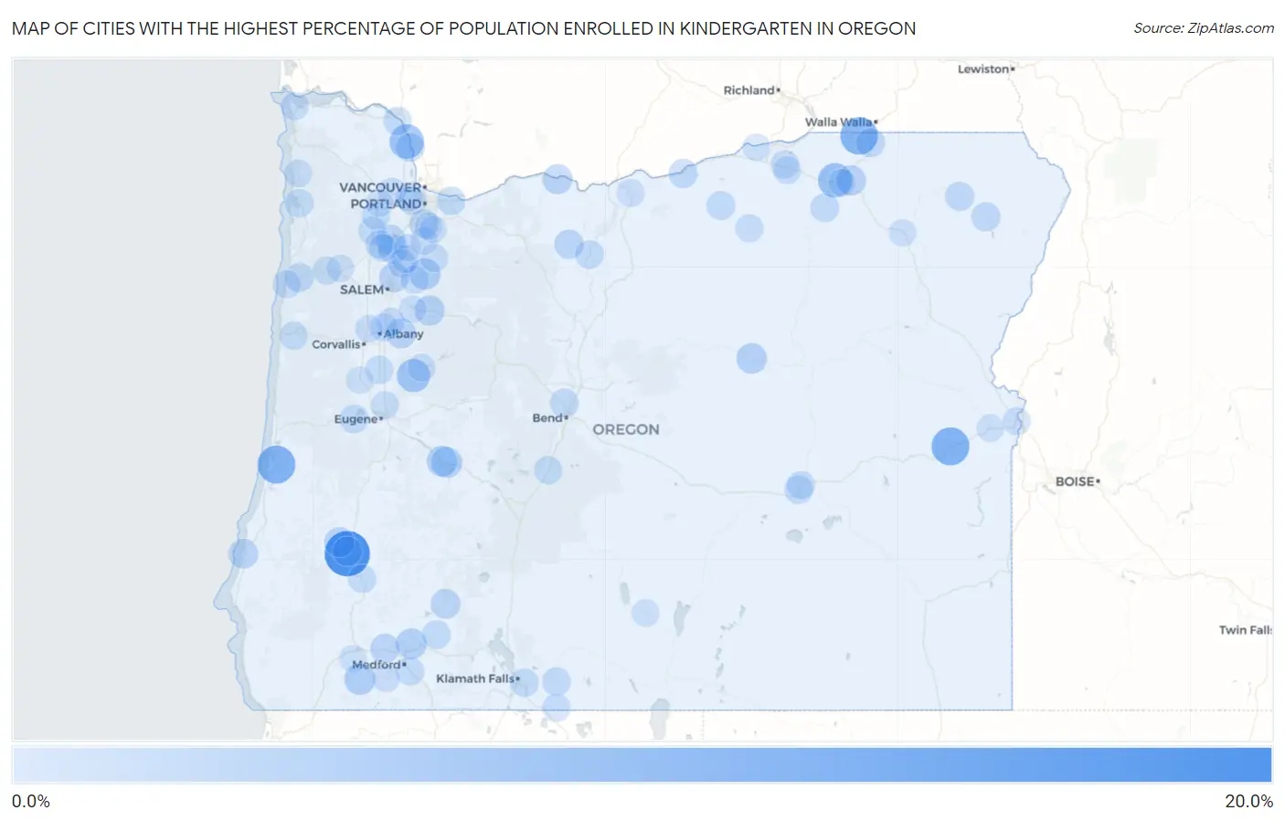 Cities with the Highest Percentage of Population Enrolled in Kindergarten in Oregon Map