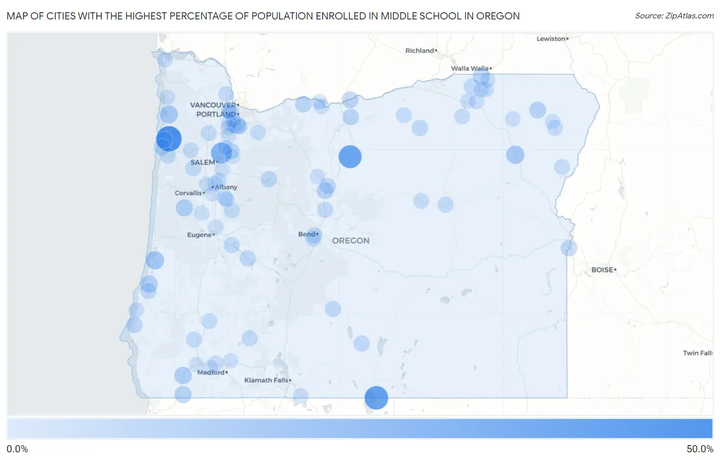 Cities with the Highest Percentage of Population Enrolled in Middle School in Oregon Map