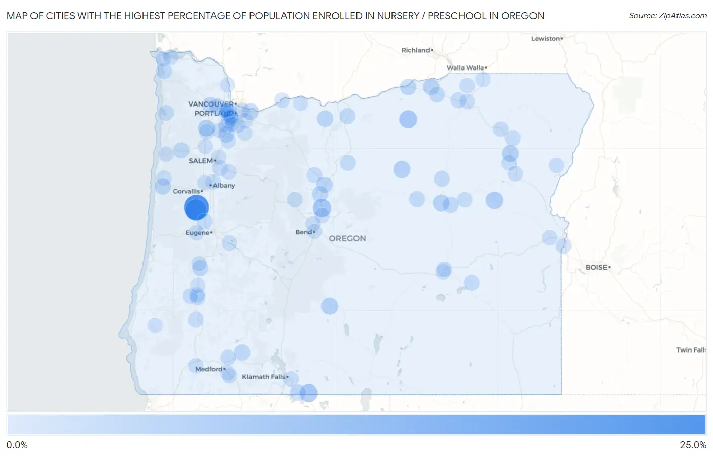 Cities with the Highest Percentage of Population Enrolled in Nursery / Preschool in Oregon Map