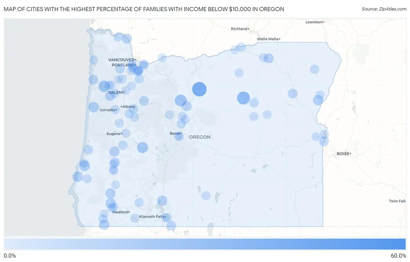 Cities with the Highest Percentage of Families with Income Below $10,000 in Oregon Map