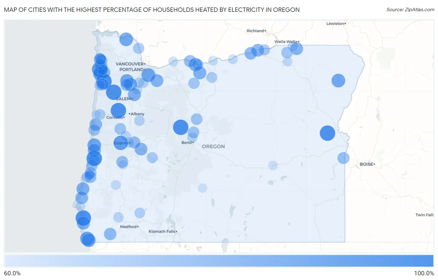 Cities with the Highest Percentage of Households Heated by Electricity in Oregon Map