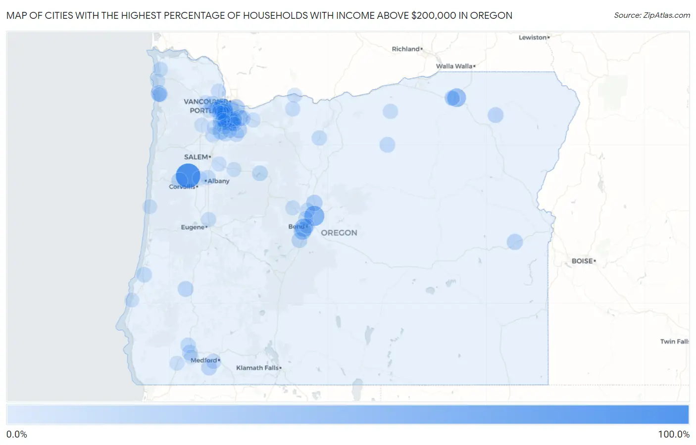 Cities with the Highest Percentage of Households with Income Above $200,000 in Oregon Map