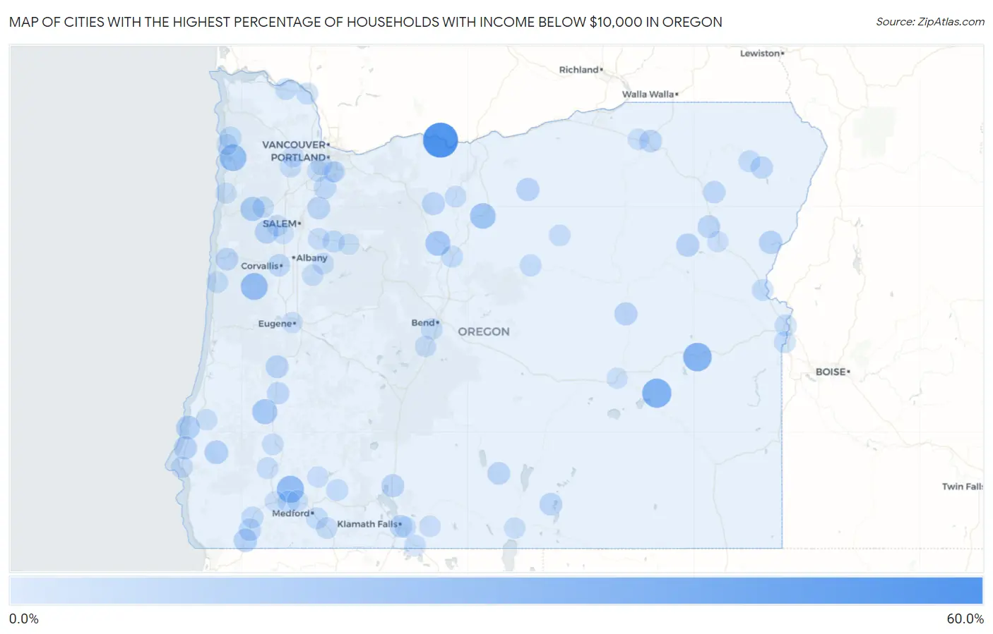 Cities with the Highest Percentage of Households with Income Below $10,000 in Oregon Map