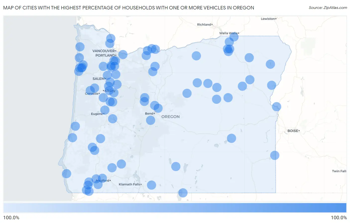 Cities with the Highest Percentage of Households With One or more Vehicles in Oregon Map