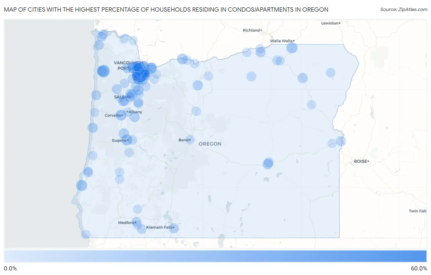 Cities with the Highest Percentage of Households Residing in Condos/Apartments in Oregon Map