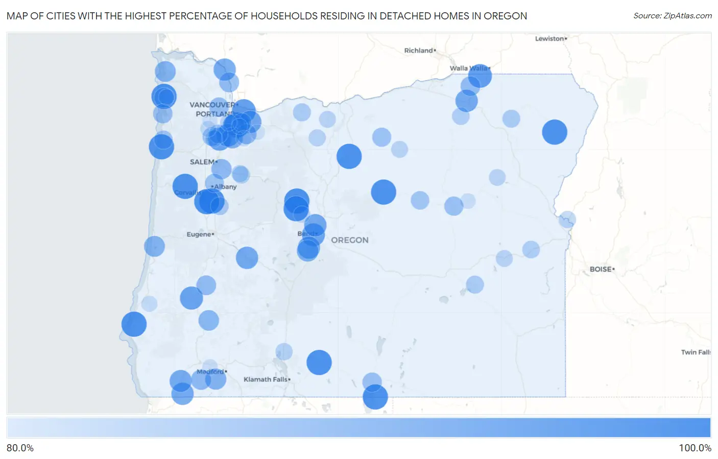 Cities with the Highest Percentage of Households Residing in Detached Homes in Oregon Map