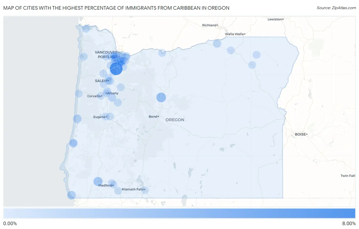 Cities with the Highest Percentage of Immigrants from Caribbean in Oregon Map
