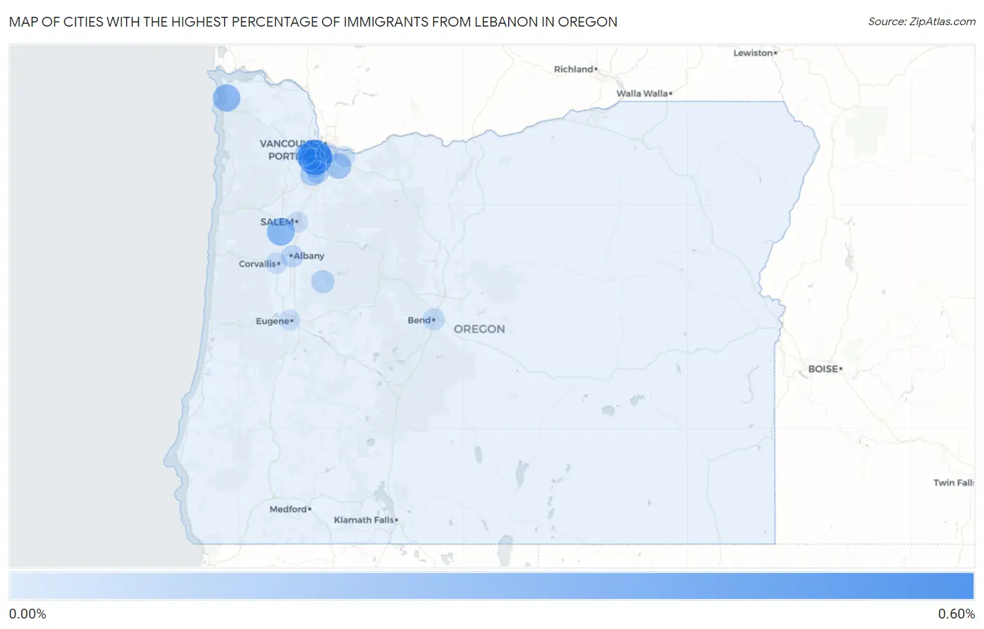 Cities with the Highest Percentage of Immigrants from Lebanon in Oregon Map