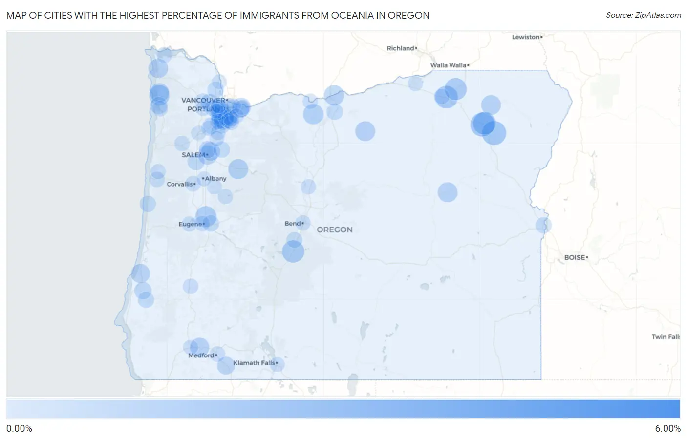Cities with the Highest Percentage of Immigrants from Oceania in Oregon Map