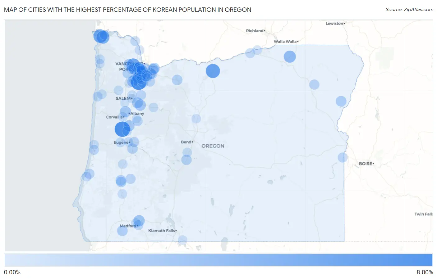 Cities with the Highest Percentage of Korean Population in Oregon Map
