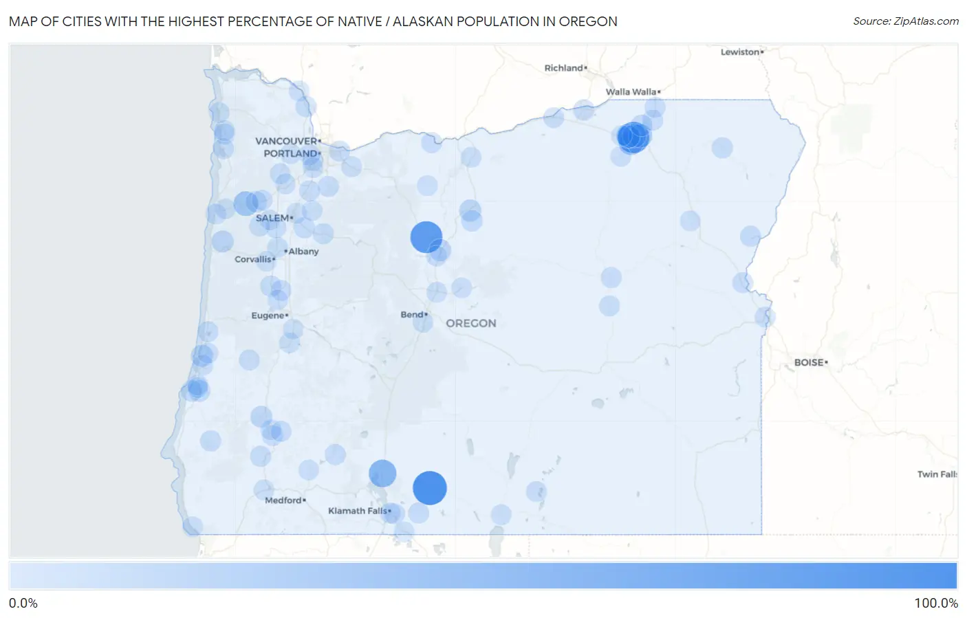 Cities with the Highest Percentage of Native / Alaskan Population in Oregon Map