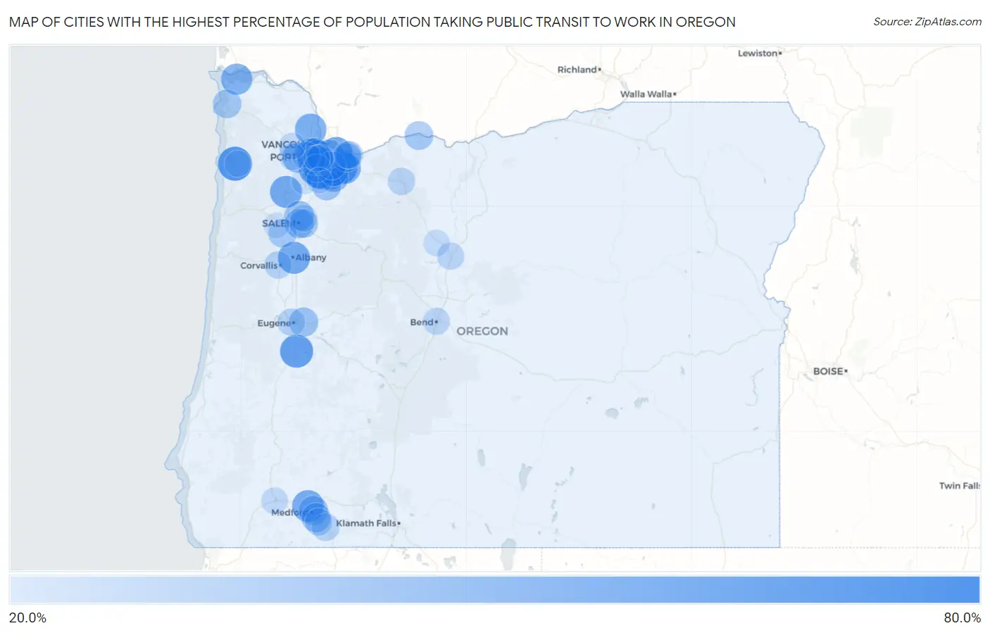 Cities with the Highest Percentage of Population Taking Public Transit to Work in Oregon Map