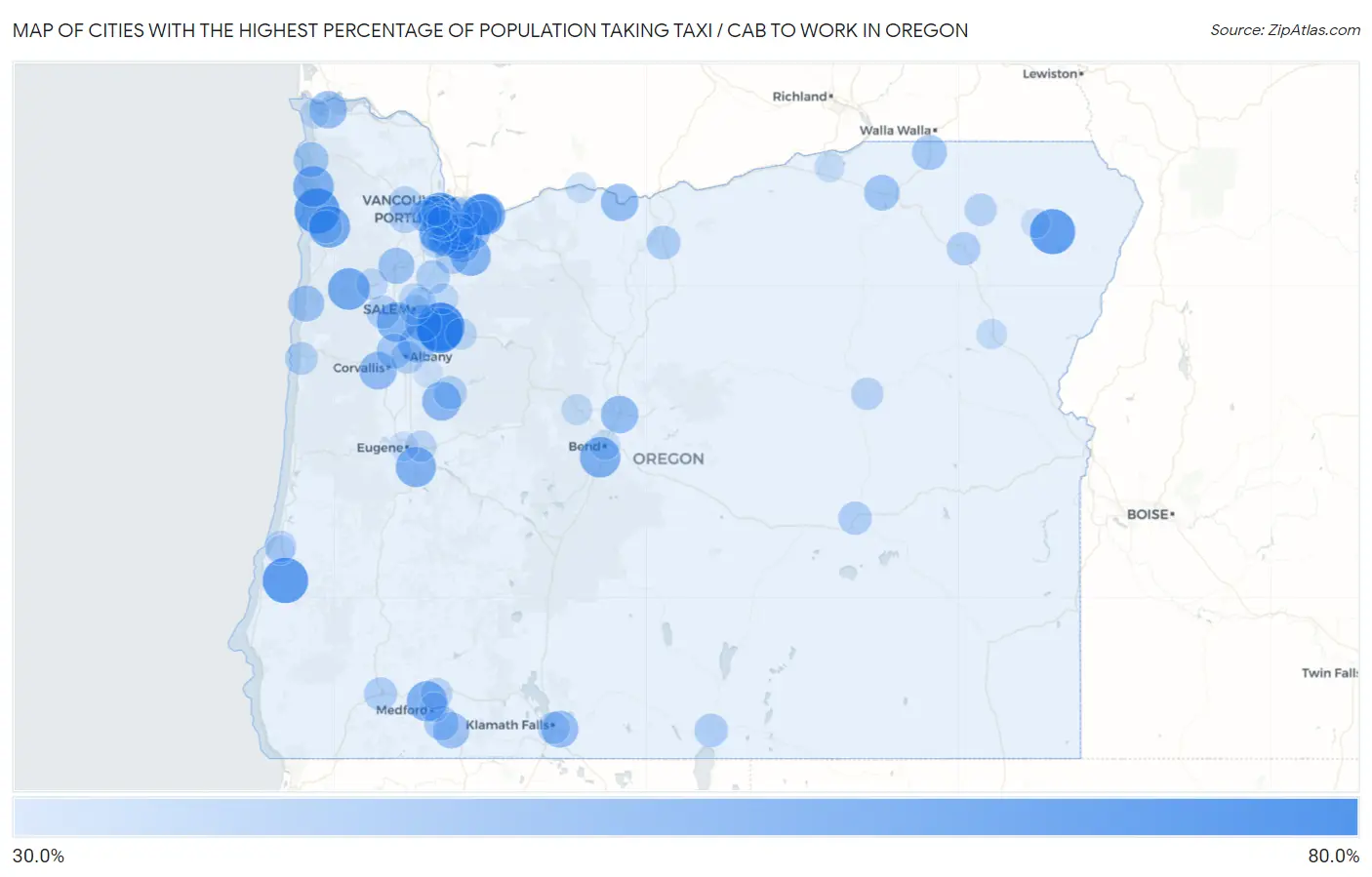 Cities with the Highest Percentage of Population Taking Taxi / Cab to Work in Oregon Map