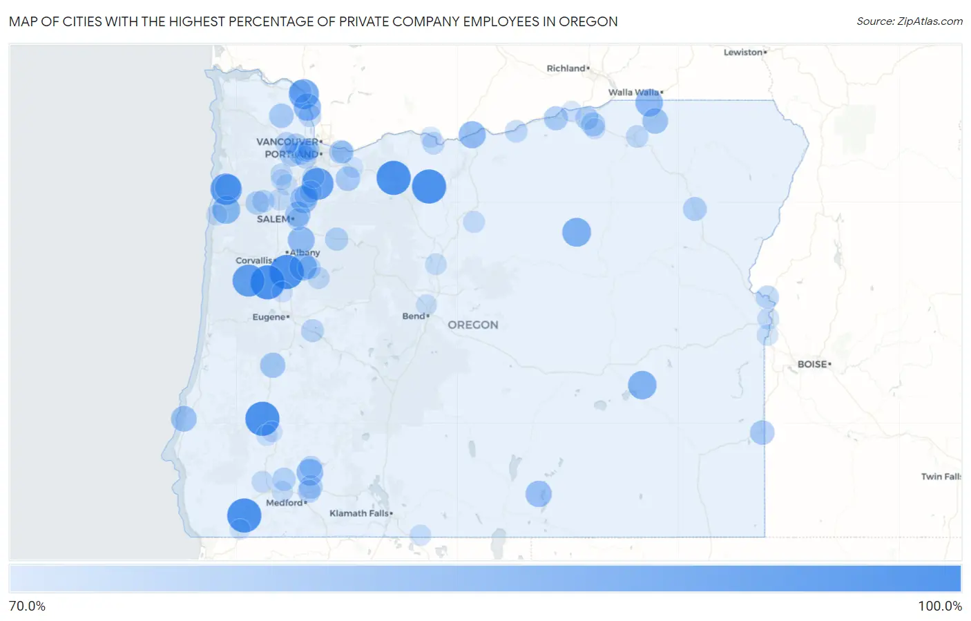 Cities with the Highest Percentage of Private Company Employees in Oregon Map