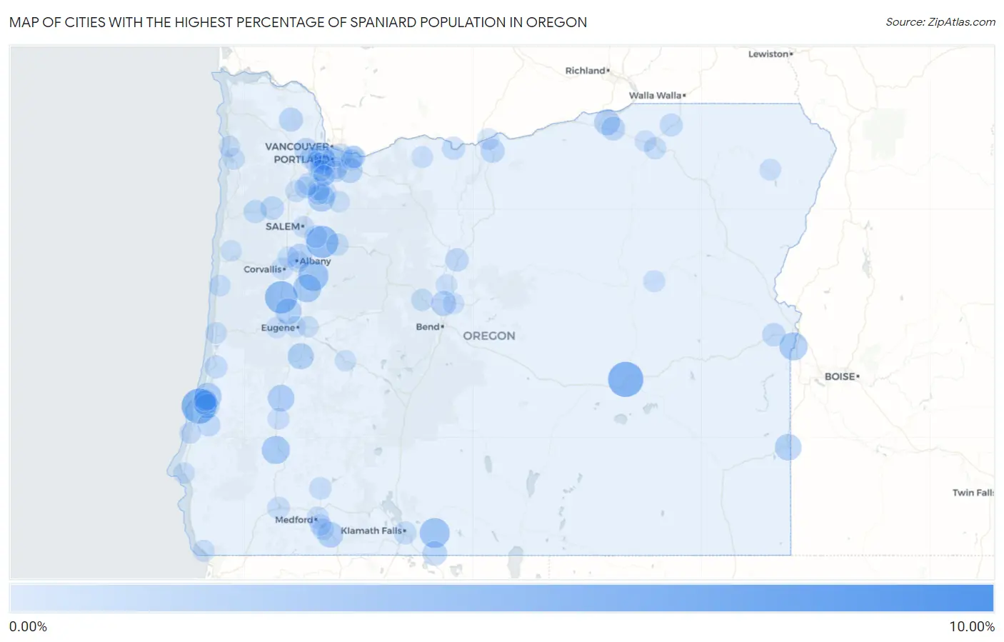 Cities with the Highest Percentage of Spaniard Population in Oregon Map