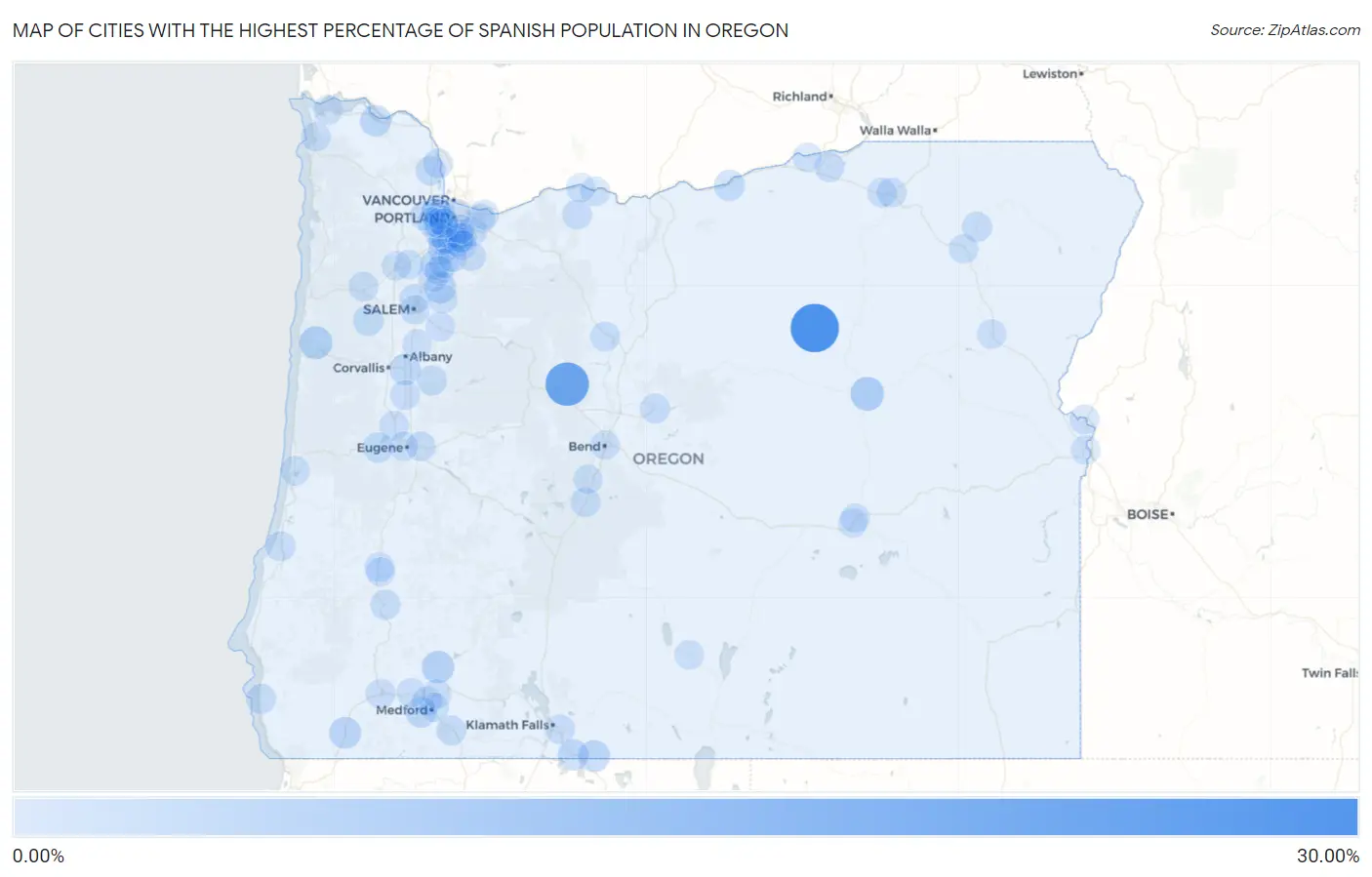 Cities with the Highest Percentage of Spanish Population in Oregon Map