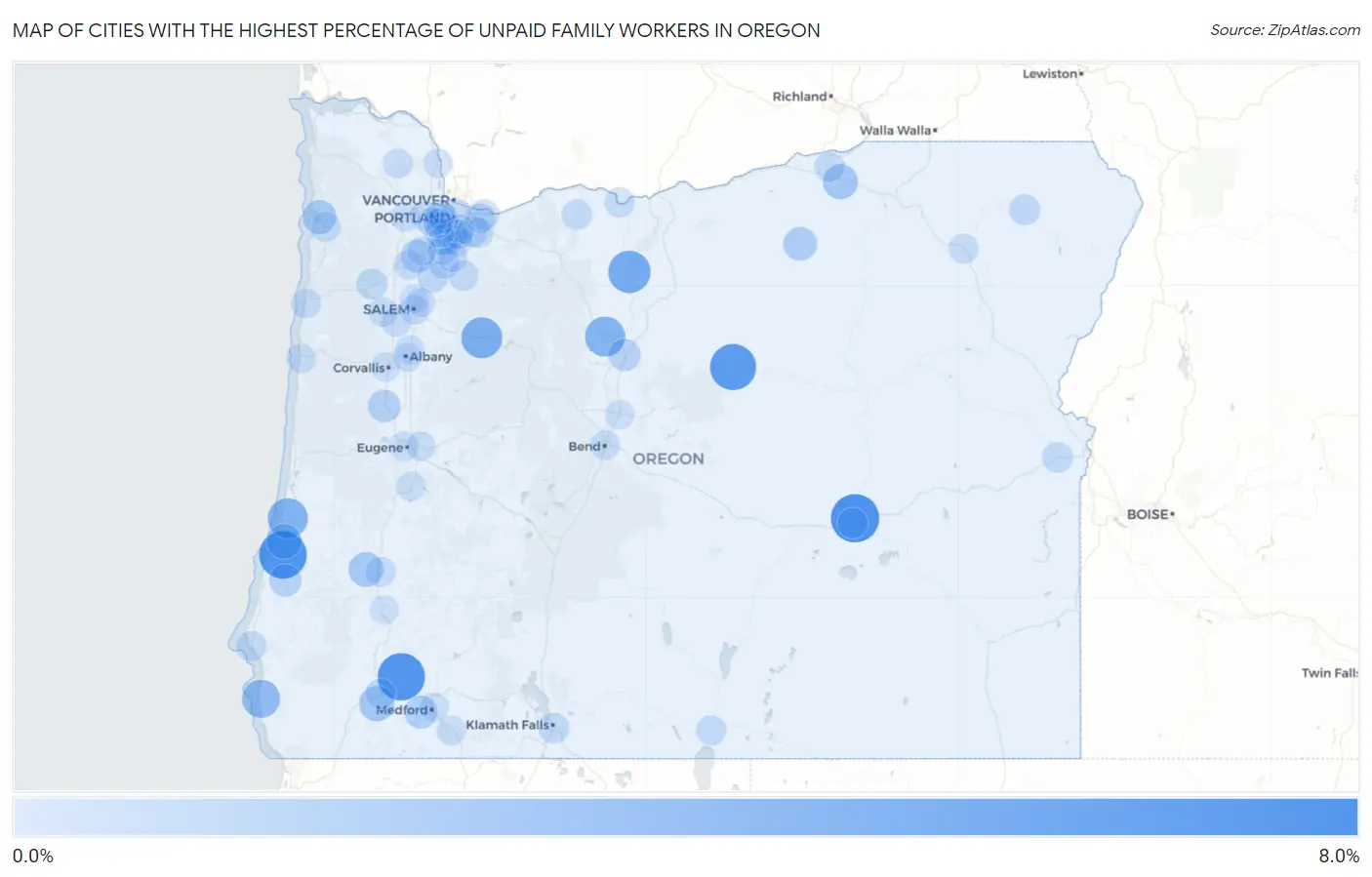 Cities with the Highest Percentage of Unpaid Family Workers in Oregon Map