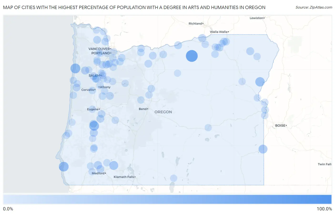 Cities with the Highest Percentage of Population with a Degree in Arts and Humanities in Oregon Map