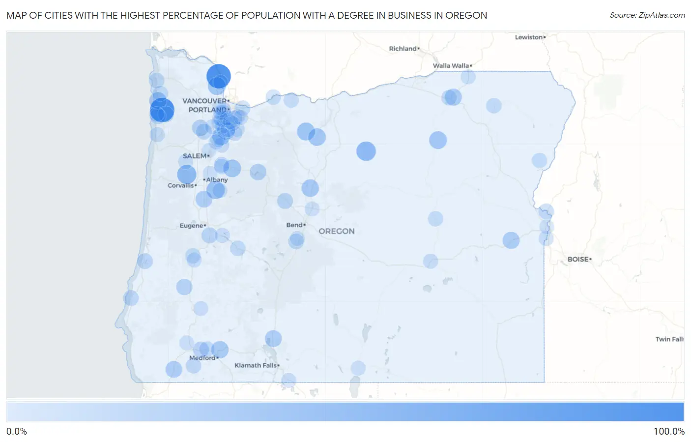 Cities with the Highest Percentage of Population with a Degree in Business in Oregon Map