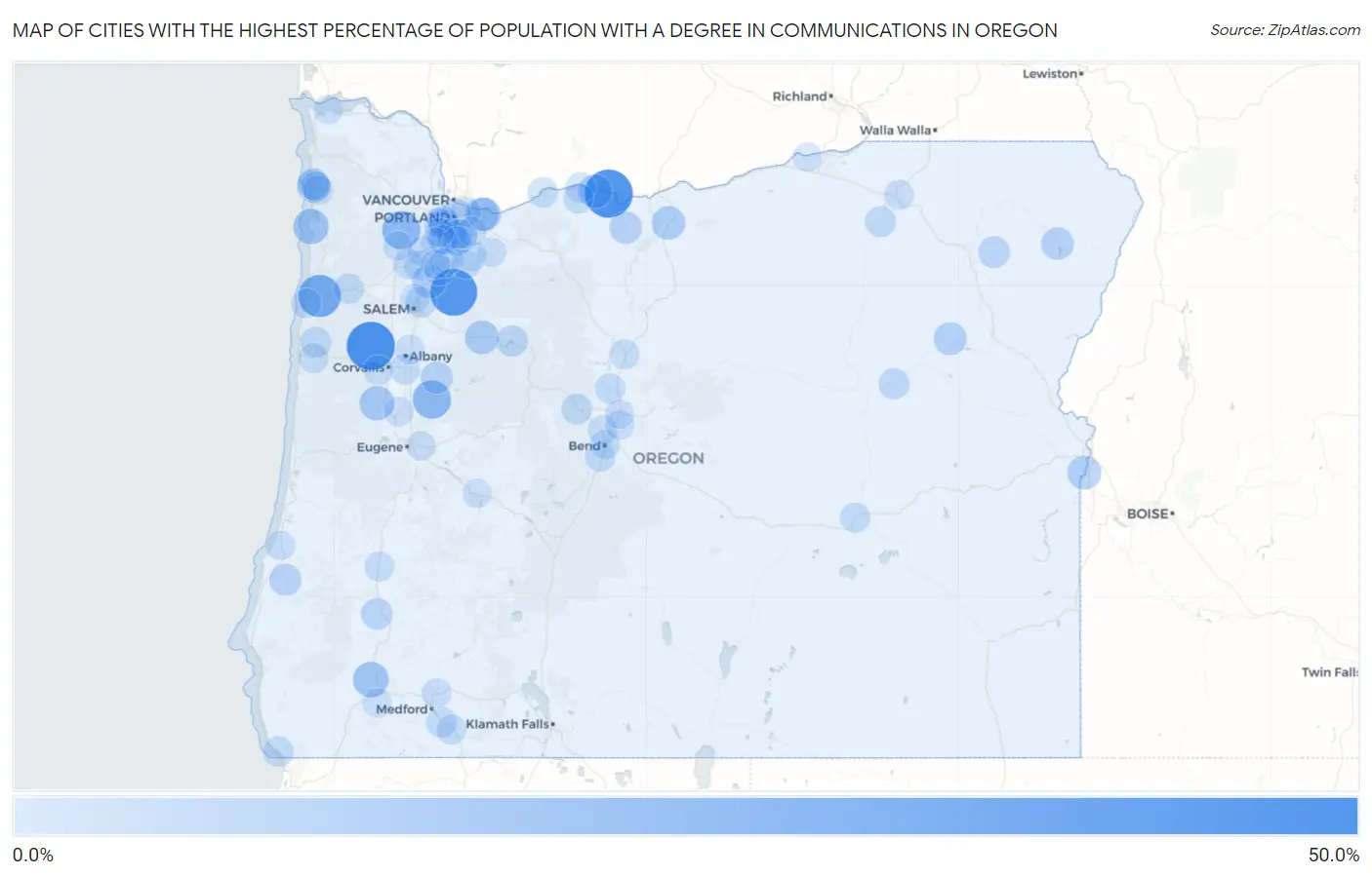 Cities with the Highest Percentage of Population with a Degree in Communications in Oregon Map