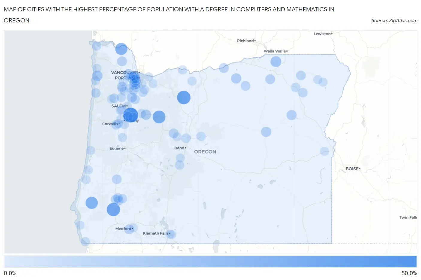 Cities with the Highest Percentage of Population with a Degree in Computers and Mathematics in Oregon Map