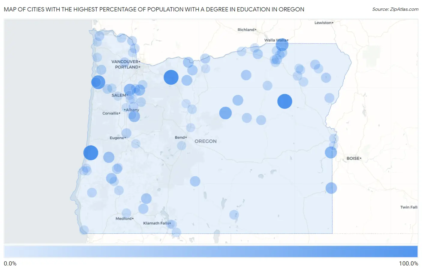 Cities with the Highest Percentage of Population with a Degree in Education in Oregon Map