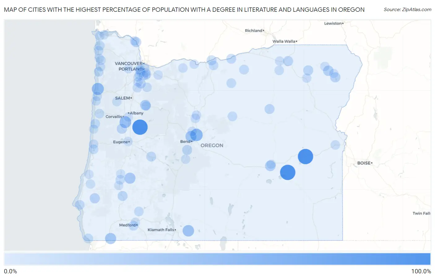 Cities with the Highest Percentage of Population with a Degree in Literature and Languages in Oregon Map