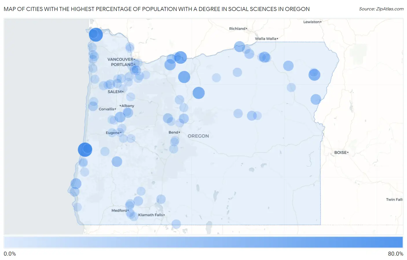 Cities with the Highest Percentage of Population with a Degree in Social Sciences in Oregon Map