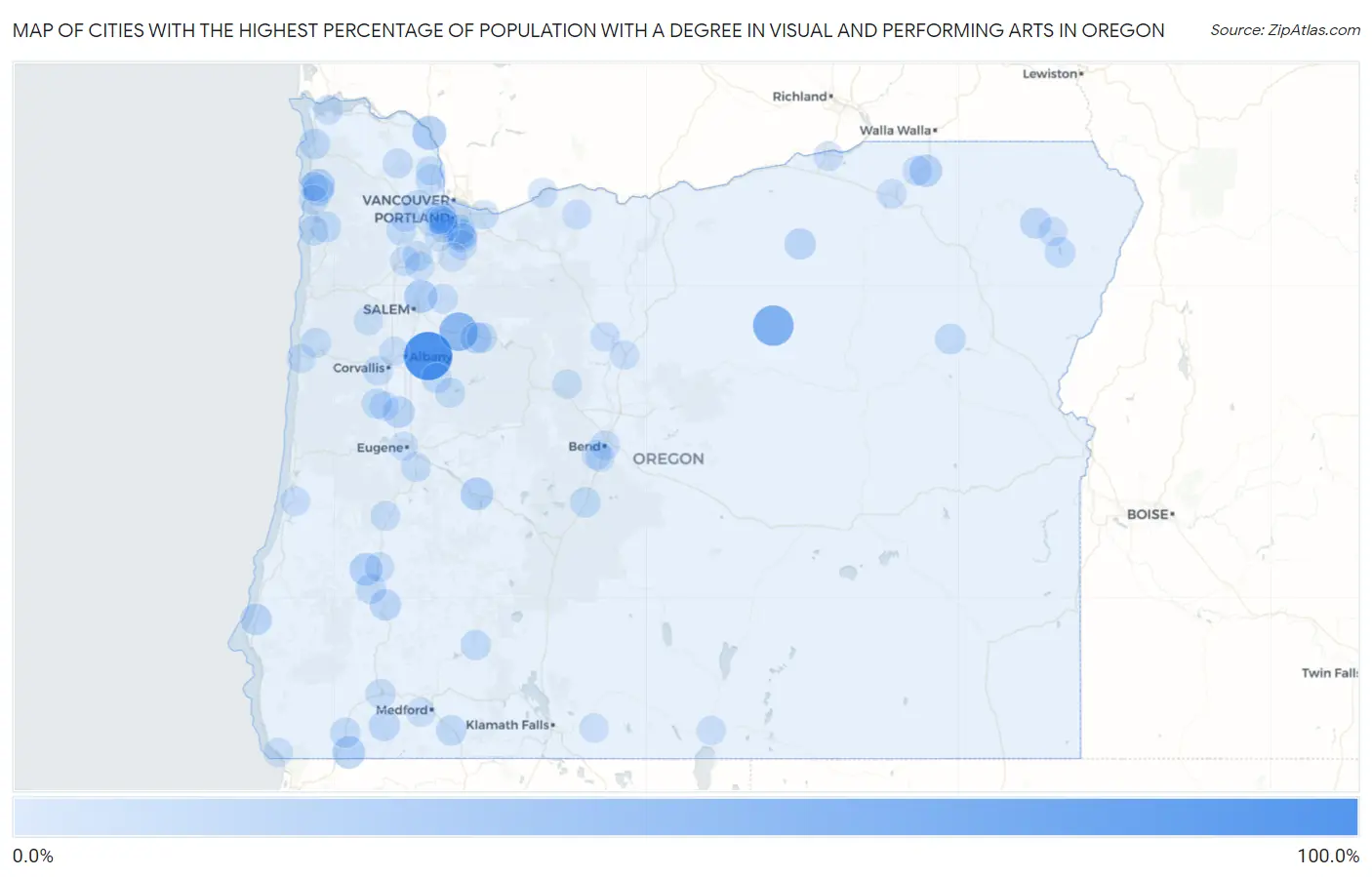 Cities with the Highest Percentage of Population with a Degree in Visual and Performing Arts in Oregon Map