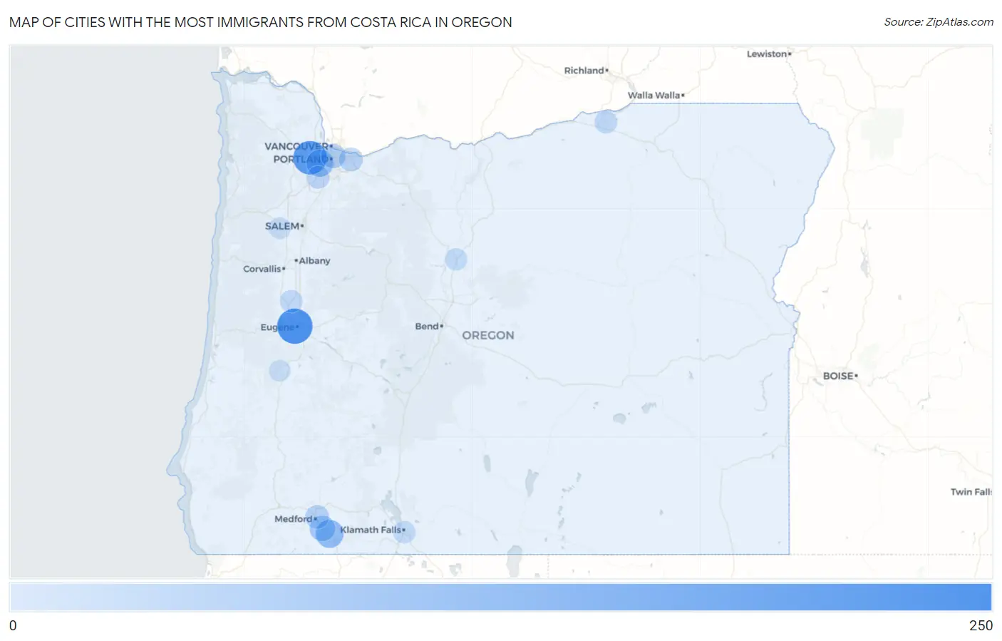 Cities with the Most Immigrants from Costa Rica in Oregon Map