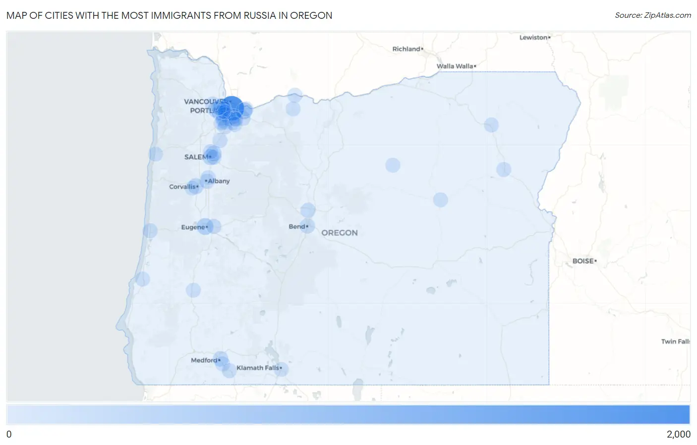 Cities with the Most Immigrants from Russia in Oregon Map