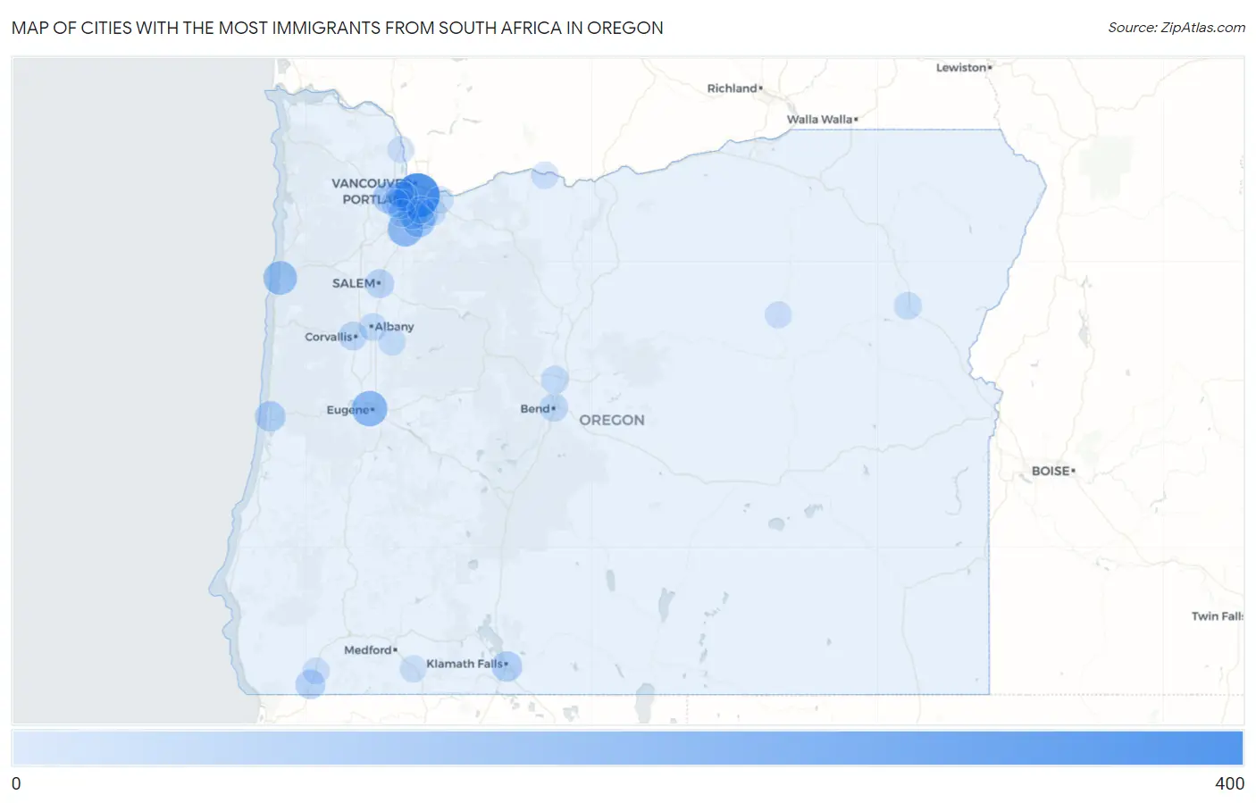 Cities with the Most Immigrants from South Africa in Oregon Map